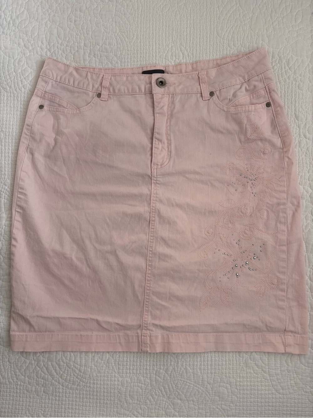 Vintage 90s Pink Studded Embroidered Denim Midi Skirt